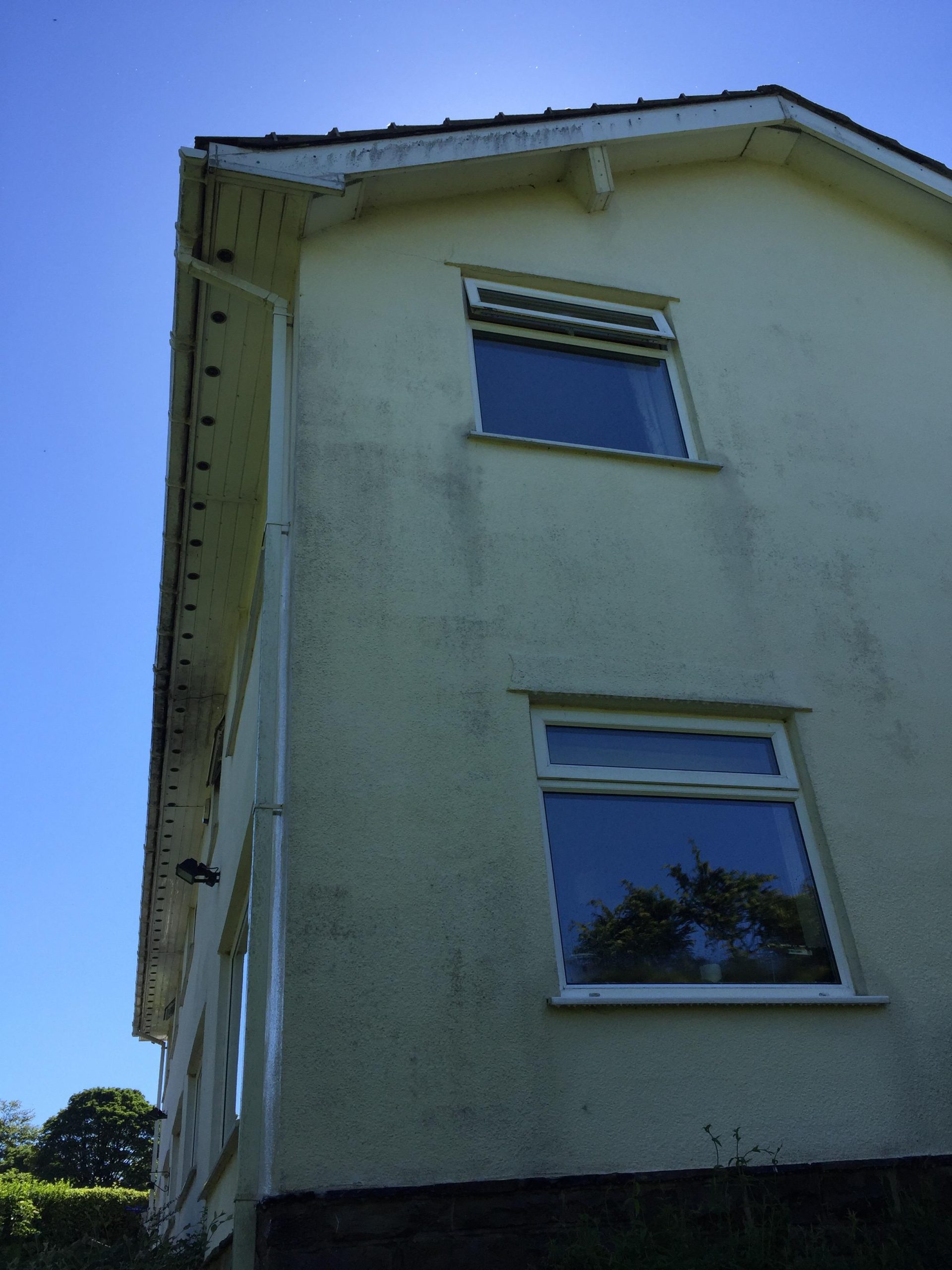 Dark organic staining spread across the textured gable wall of a two-storey house before render cleaning