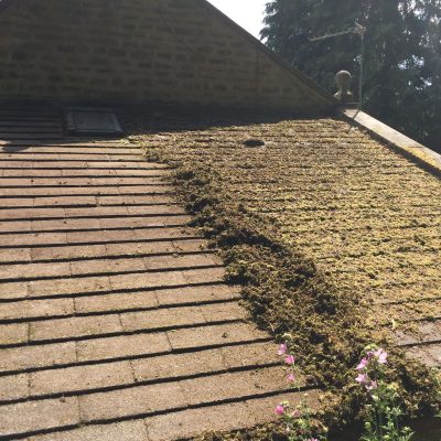 A roof partially cleared of moss