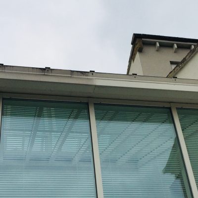 Dark run-off staining along the fascia and white roof-edge guttering above a large glazed extension.