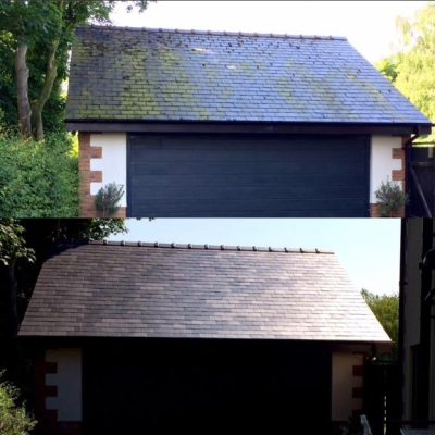 Before-and-after comparison of a slate garage roof, showing heavy moss growth followed by a clean, even finish.
