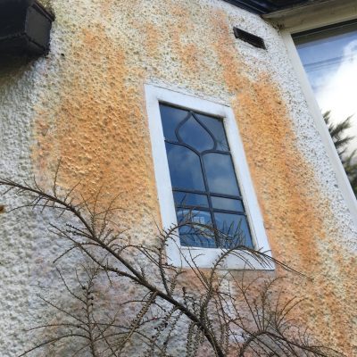 Orange algae staining across roughcast exterior render before cleaning in Ilkley.