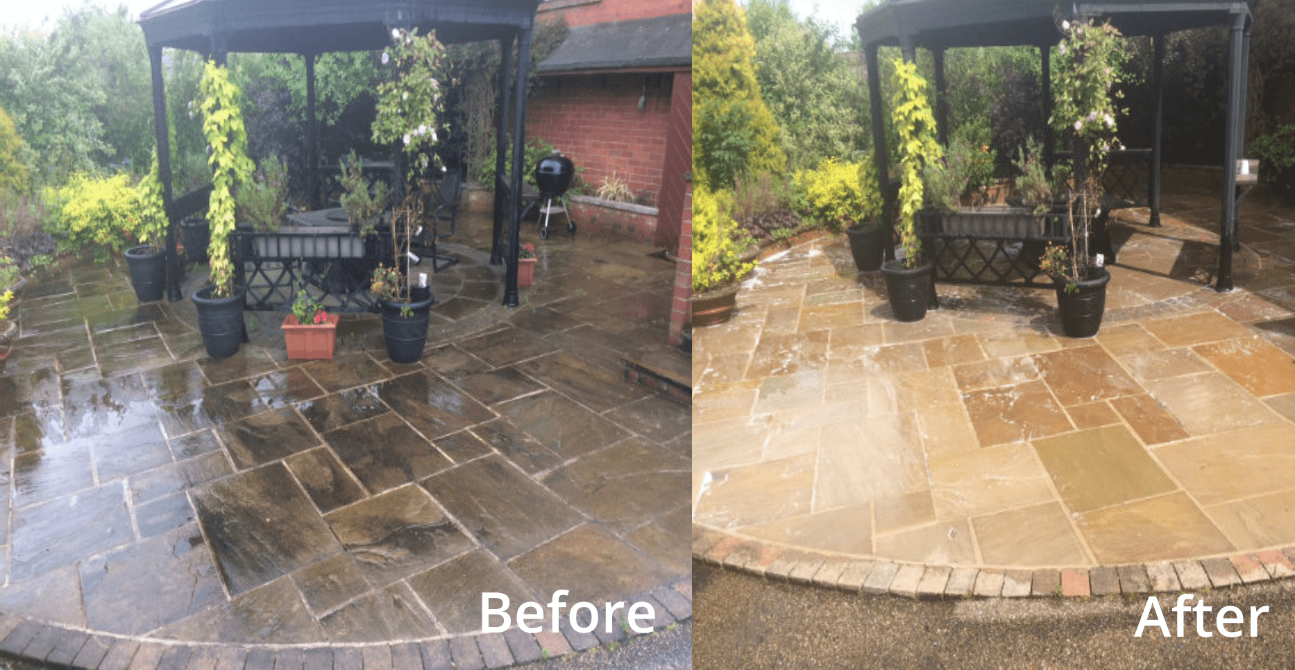 Before and after cleaning of a buff sandstone garden patio in West Yorkshire, showing dark organic staining removed and the stone’s warm natural colour restored.
