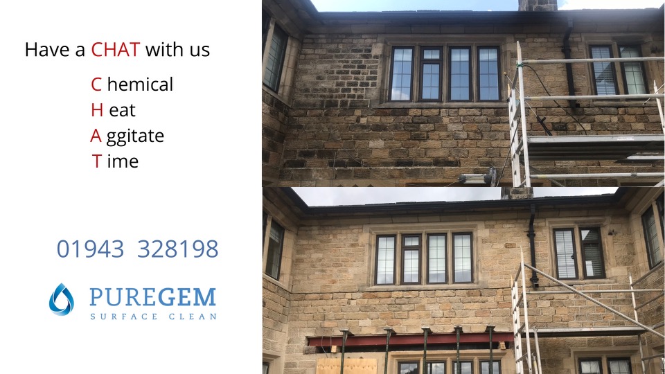 A scaffolded sandstone building in Bradford before and after dark atmospheric soiling was removed.