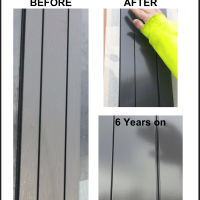 Faded powder-coated aluminium cladding before restoration, immediately after treatment and six years later with its dark finish still well preserved.